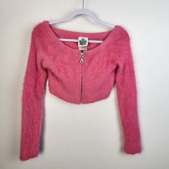 The Ragged Priest Bubblegum Pink Cropped Eyelash Knit Zip Front Sweater Small - Picture 4 of 6